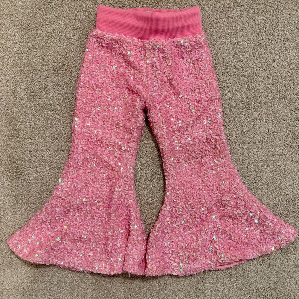 Girls Pink Sequin Flare Knit Pants - Sparkle Casual Bottoms